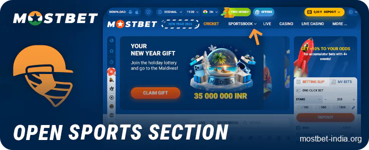 Open the sports betting section at Mostbet India