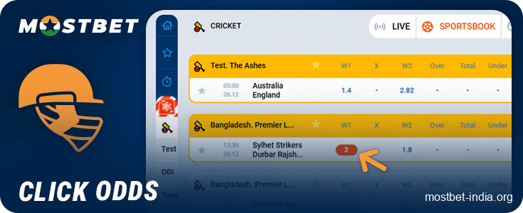 Select a betting option for a match at Mostbet India