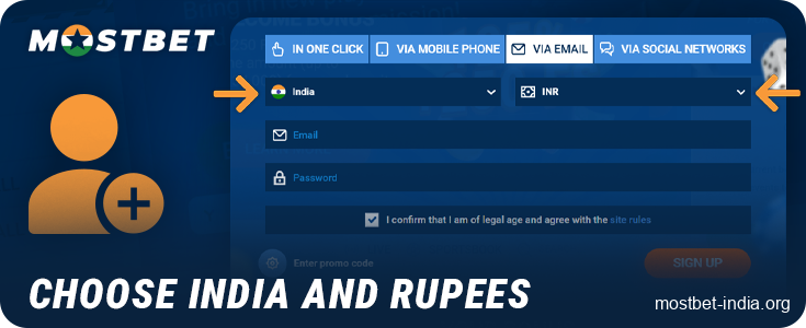 Specify the currencies and country at the time of registration with Mostbet via email